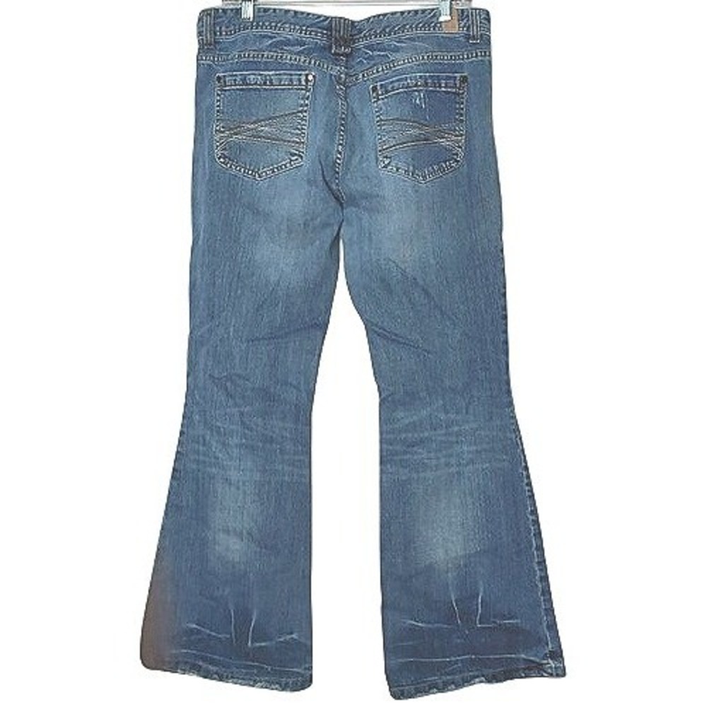 Y2K Maurices Molli Flare Jeans‎ Women 11/12 Short Blue Distressed Stretch Denim
